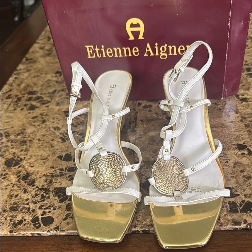 Etienne Aigner Women's White and Gold Strappy Sandals